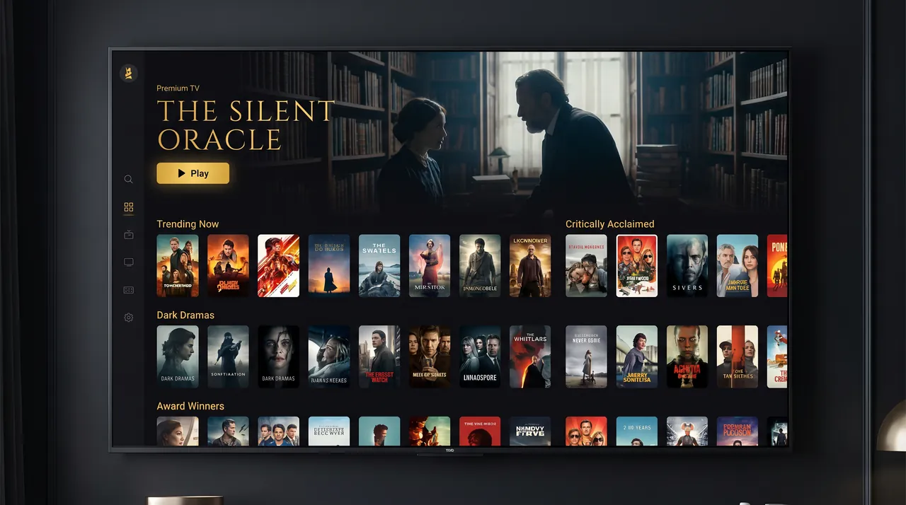 Balkan TV video-on-demand interface with hundreds of movie and series posters in an elegant dark menu